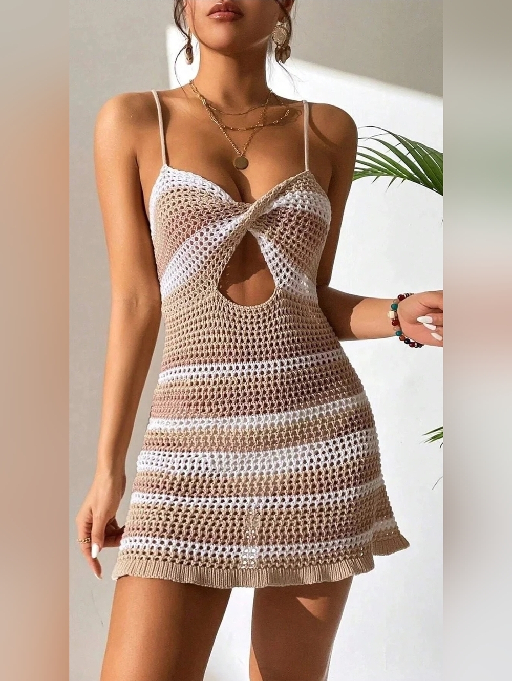 Boho Crochet Mini Dress Twist Front Cutout Size Small